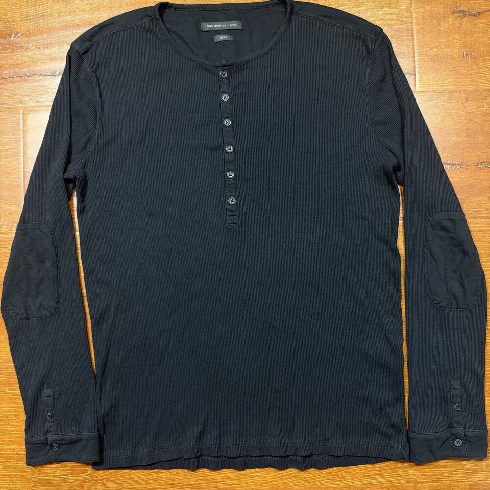 John Varvatos Henley T Shirt Mens L Black Long Sleeve Ribbed Luxe Designer Alt